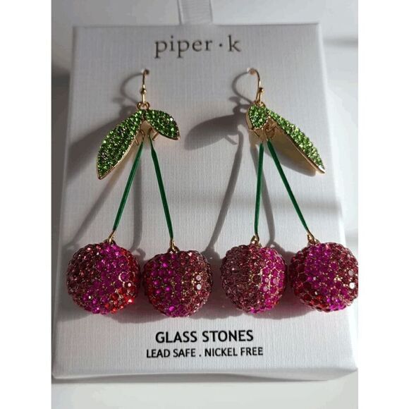 🍒 PIPER K Cherry Glass Stones Nickel Free Drop Statement Earrings NEW IN BOX - Picture 4 of 14